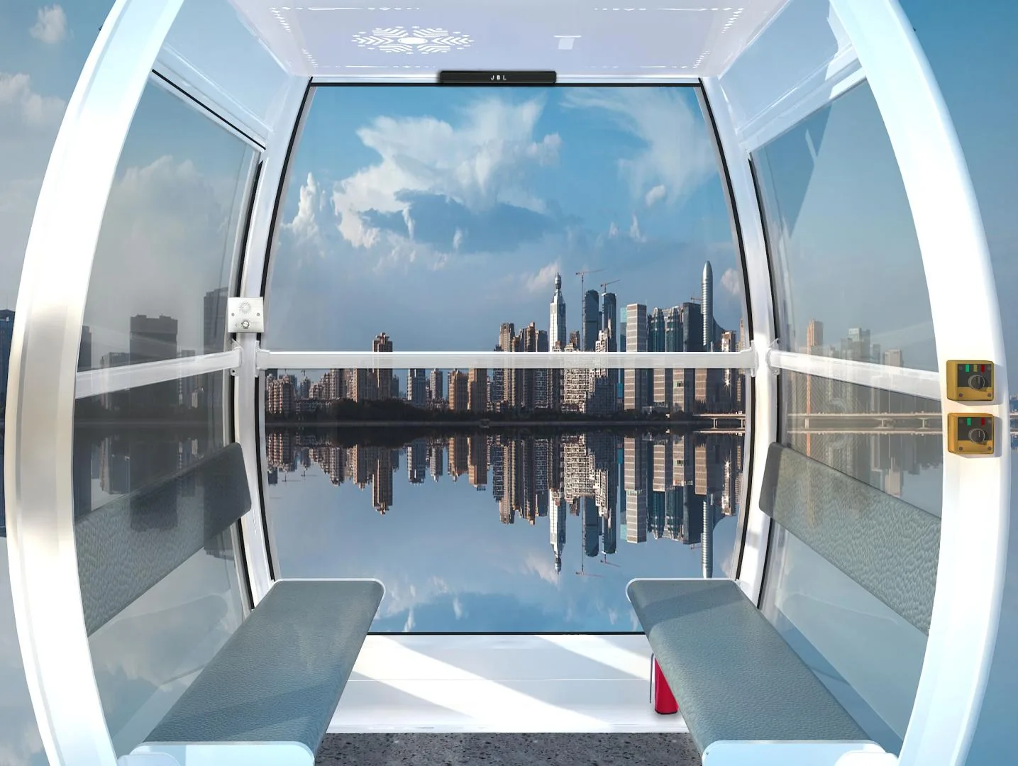 Enclosed wheel cabin with perimeter seating and panoramic glazing, from Juma's profile