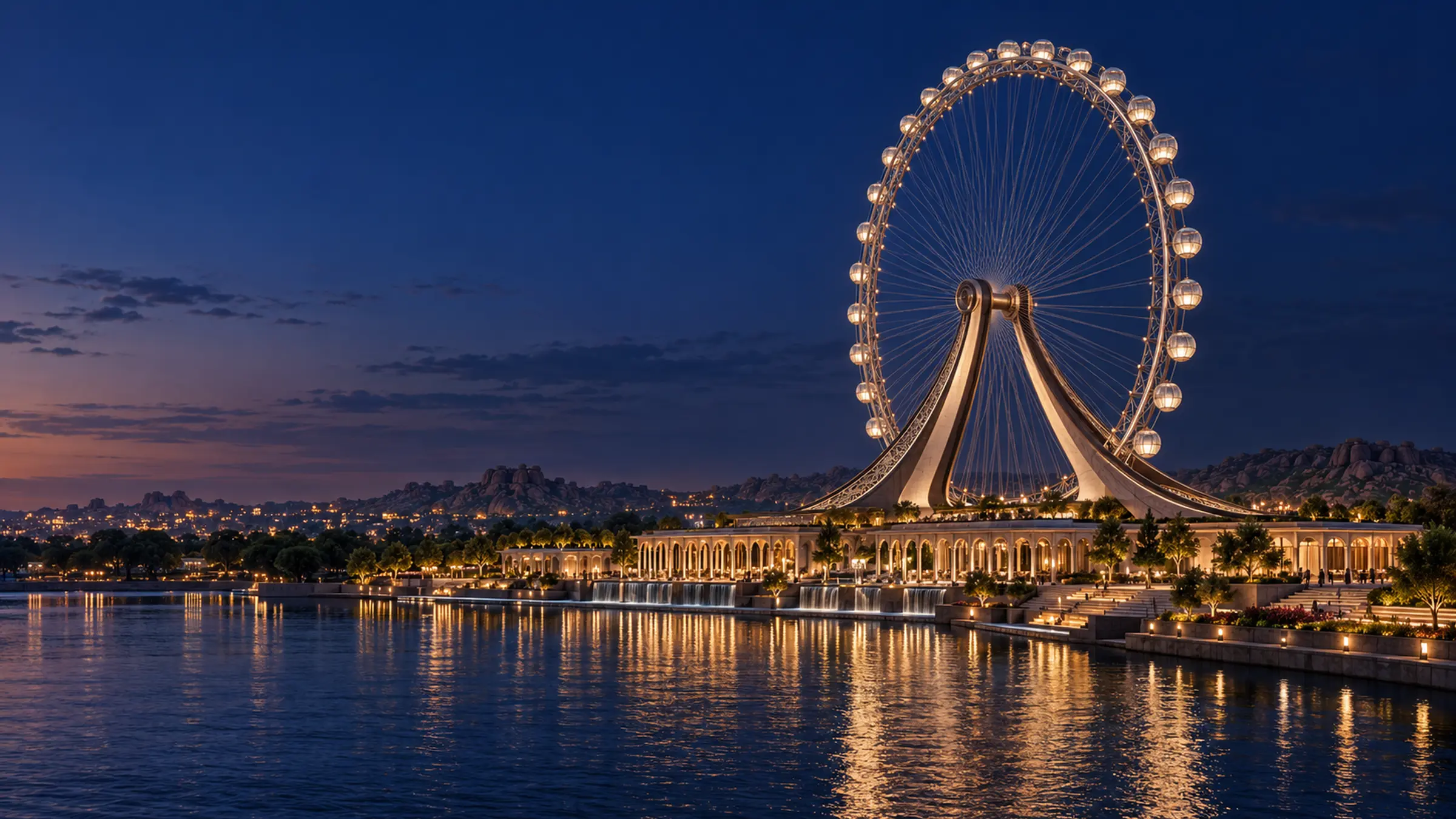 Wide blue-hour concept view of Hyderabad Eye of Deccan with twin curved supports, pearl-lit cabins and a terraced waterside pavilion against Hyderabad's rocky horizon.